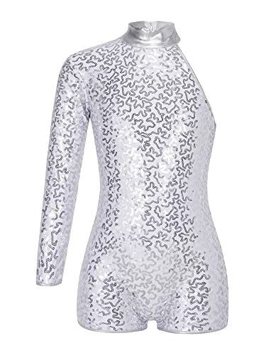TTAO Kinder Mädchen Metallic Gymnastikanzug Pailletten Gymnastik Trikot Langarm Mesh Spleiß Bodysuit Einteiler Unitard Ballett Tanzkleidung Silber 134-140 von TTAO