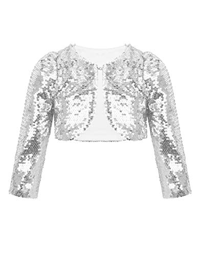 TTAO Kinder Mädchen Pailletten Bolero Langarm/Kurzarm Strickjacken Glitzer Kurze Jacke CardiganTanz Top Oberteil Party Karneval Tanzkostüm Silber 134-140 von TTAO