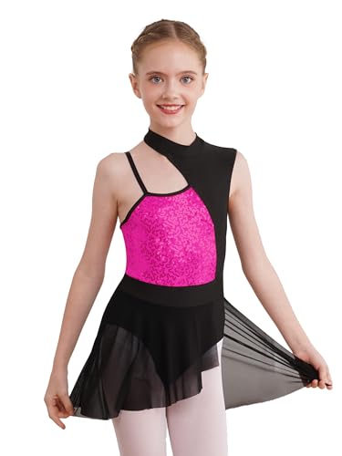 TTAO Kinder Mädchen Tanzkleid Ärmellos Pailletten Ballettkleid Lyrisch Kleid TanzBody Trikot Turnanzug Gr. 110-176 Hot Pink C 110-116 von TTAO