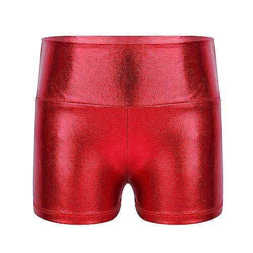 TTAO Kinder Shorts Metallic Glänzend Sportshorts Turnshorts Mädchen Hotpants Gymnastik Tanz Shorts Fitness Kurze Hose in Gr.98-164 Rot 134-140 von TTAO