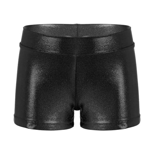 TTAO Kinder Shorts Metallic Glänzend Sportshorts Turnshorts Mädchen Hotpants Gymnastik Tanz Shorts Fitness Kurze Hose in Gr.98-164 Schwarz A 116-122 von TTAO