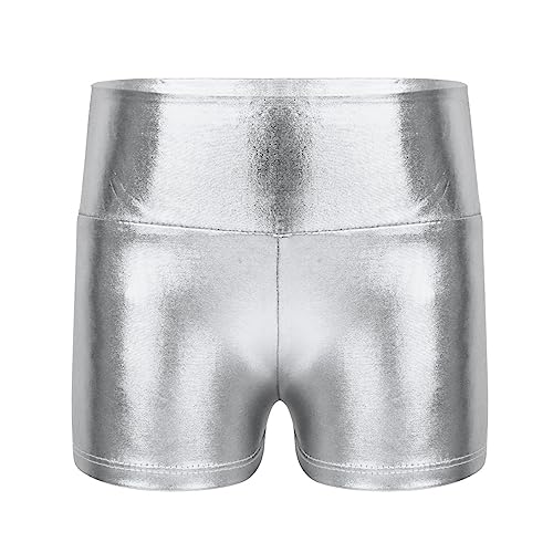 TTAO Kinder Shorts Metallic Glänzend Sportshorts Turnshorts Mädchen Hotpants Gymnastik Tanz Shorts Fitness Kurze Hose in Gr.98-164 Silber 134-140 von TTAO