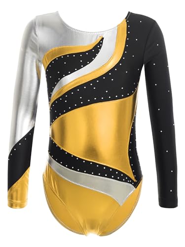 TTAO Kinder Turnanzug Gymnastikanzug Mädchen Leotard Langarm Ärmellos Trikot Training Dancewear Gymnastikbody Tanzbekleidung Wettkampf Gold 134-140 von TTAO