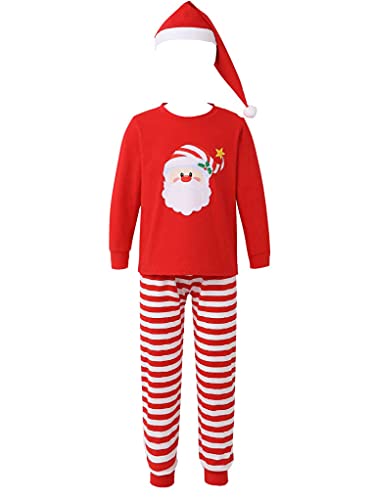 TTAO Kinder Weihnachten Pyjamas Schlafanzug Mädchen Weihnachtsmann Langarmshirt + Gestreift Hose/Mütze Nachtwäsche Weihnachtsfest Rot 164 von TTAO