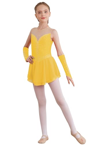 TTAO Mädchen Ballettkleidung 2tlg. Eiskunstlauf Kleider +Handschuhe Set Kinder Eislaufen Ballerina Kleid Ballett Trikot Tanz Kostüm Gelb 134-140 von TTAO