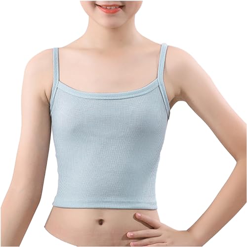 TTAO Mädchen Baumwolle Unterhemden Spaghettiträger Bauchfrei Oberteile Crop Top Tanktops Shirt Yoga Training Ballett Bralette Gymnastik Workout Hellblau B 128-140 von TTAO