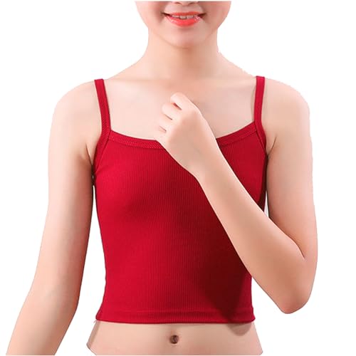 TTAO Mädchen Baumwolle Unterhemden Spaghettiträger Bauchfrei Oberteile Crop Top Tanktops Shirt Yoga Training Ballett Bralette Gymnastik Workout Rot B 152-164 von TTAO