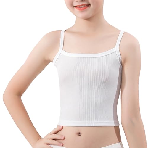 TTAO Mädchen Baumwolle Unterhemden Spaghettiträger Bauchfrei Oberteile Crop Top Tanktops Shirt Yoga Training Ballett Bralette Gymnastik Workout Weiß B 152-164 von TTAO