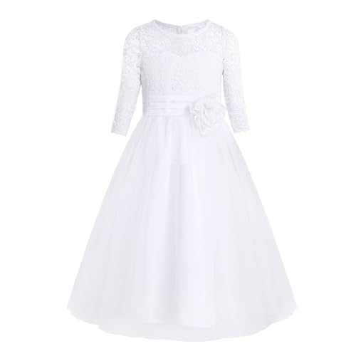 TTAO Mädchen Lang Elegant Prinzessin Kleid Lange Ärmel Kleider Spitzen Chiffon Partykleid Festlich Hochzeits Festkleider Weiß 122-128 von TTAO