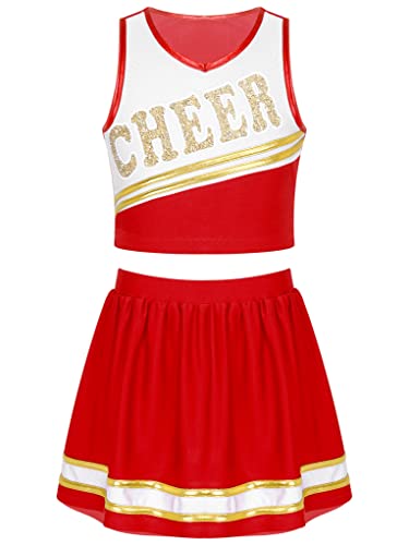 TTAO Mädchen Cheer Leader Kostüm ärmellos Crop Top +Minirok 2tlg Cheerleadering Uniform Set Karneval Fasching Party Verkleidung Rot 146-152 von TTAO