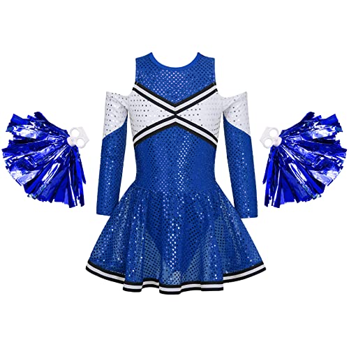 TTAO Mädchen Cheer Leader Kostüm mit Pom Poms Faschingskostüme Langarm Pailletten Cheerleadering Outfit Set Party Halloween Cheers Outfit Königsblau 134-140 von TTAO