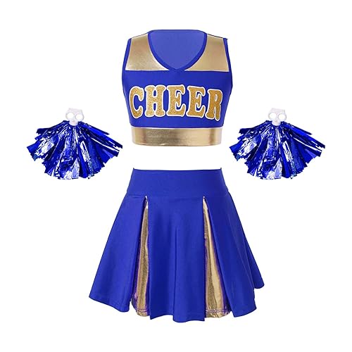 TTAO Mädchen Cheerleading Kostüm Cheer Leader Outfit Ärmellos Top und Rock mit Pompons Karneval Fasching Party Kostüm Blau 134-140 von TTAO