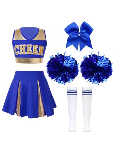TTAO Mädchen Cheerleading Kostüm Cheer Leader Outfit Ärmellos Top und Rock mit Pompons Karneval Fasching Party Kostüm Blau A 158-164 von TTAO