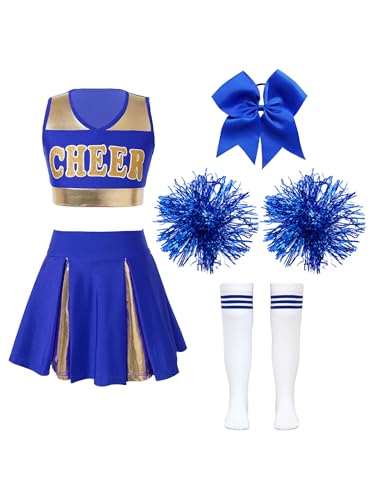 TTAO Mädchen Cheerleading Kostüm Cheer Leader Outfit Ärmellos Top und Rock mit Pompons Karneval Fasching Party Kostüm Blau B 134-140 von TTAO
