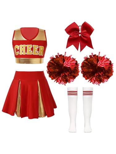 TTAO Mädchen Cheerleading Kostüm Cheer Leader Outfit Ärmellos Top und Rock mit Pompons Karneval Fasching Party Kostüm Rot E 134-140 von TTAO