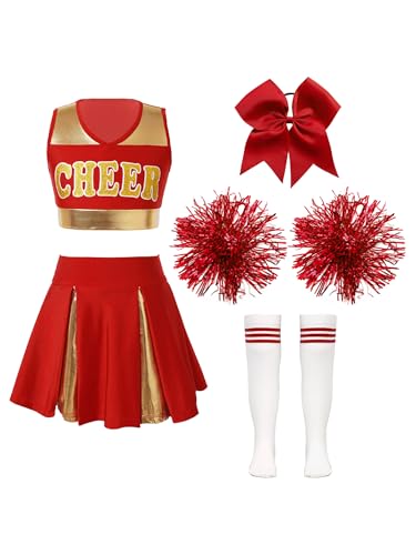 TTAO Mädchen Cheerleading Kostüm Cheer Leader Outfit Ärmellos Top und Rock mit Pompons Karneval Fasching Party Kostüm Rot F 158-164 von TTAO