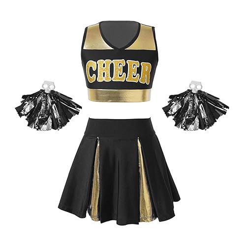TTAO Mädchen Cheerleading Kostüm Cheer Leader Outfit Ärmellos Top und Rock mit Pompons Karneval Fasching Party Kostüm Schwarz 146-152 von TTAO