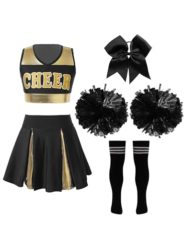 TTAO Mädchen Cheerleading Kostüm Cheer Leader Outfit Ärmellos Top und Rock mit Pompons Karneval Fasching Party Kostüm Schwarz C 146-152 von TTAO