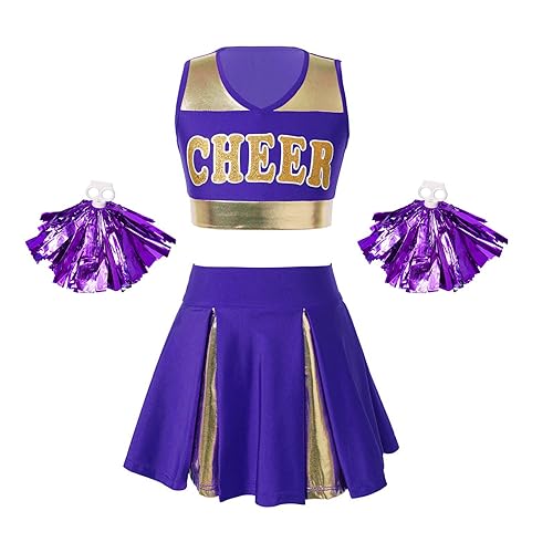 TTAO Mädchen Cheerleading Kostüm Cheer Leader Outfit Ärmellos Top und Rock mit Pompons Karneval Fasching Party Kostüm Violett 158-164 von TTAO
