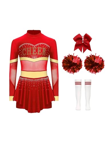 TTAO Mädchen Cheerleading Kostüm Cheer Leader Outfit Langarm Cheer Kleid mit Pompons Haarbänder Socken Karneval Fasching Party Kostüm Rot A 134-140 TTAO Mädchen Cheerleading Kostüm Cheer Leader Outfit Langarm Cheer Kleid mit Pompons Haarbänder Socken Karneval Fasching Party Kostüm Rot A 134-140 von TTAO