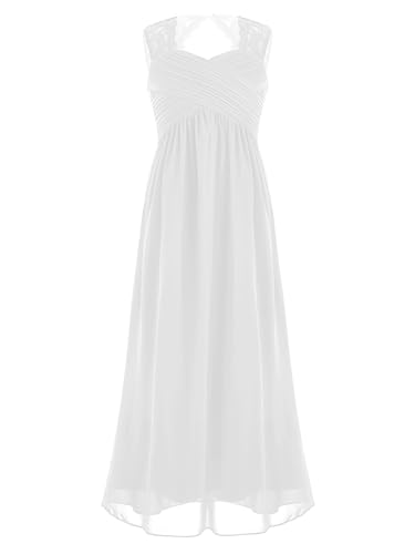 TTAO Mädchen Elegant Partykleid Spitzen Chiffon Brautjungfernkleid Ärmellos Sommerkleid Kommunionkleider Midi Hochzeitskleider Weiß 176 von TTAO
