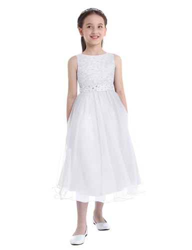 TTAO Mädchen Festlich Kleid Neckholder Sommerkleid Spitzen Chiffon Partykleid Hochzeits Blumenmädchenkleid Maxi Lang Kommunionskleid Weiß E 134-140 von TTAO