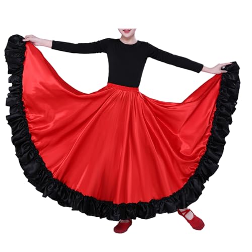 TTAO Mädchen Flamenco Tanzrock Maxi Rock Faltenrock Tanzrock Training Spanischer Stierkampf Rock Latein Salsa Rumba Rock Swing Wettbewerbsrock 360 Grad Rot 122-128 von TTAO