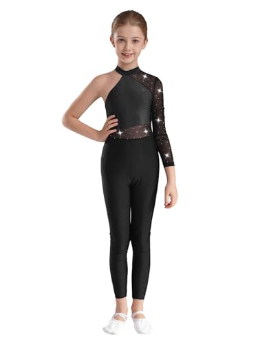 TTAO Mädchen Ganzkörperanzug Sportlich Body Lang Turnanzug Langarm Gymnastikanzug Kinder Tanzanzug Wettbewerb Tanzkostüm Schwarz 158-164 von TTAO