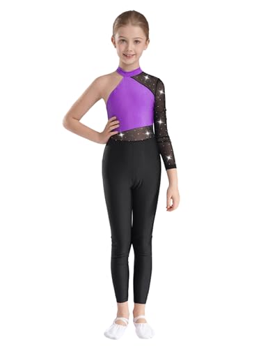 TTAO Mädchen Ganzkörperanzug Sportlich Body Lang Turnanzug Langarm Gymnastikanzug Kinder Tanzanzug Wettbewerb Tanzkostüm Violett 158-164 von TTAO
