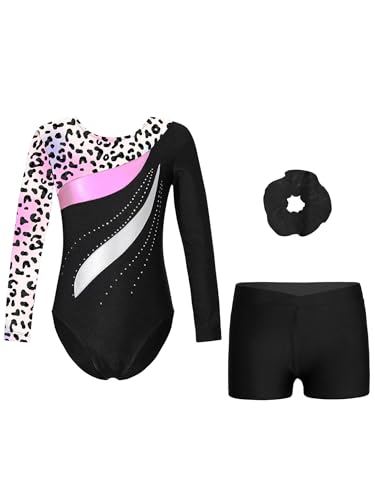 TTAO Mädchen Gymnastikanzug Turnanzug Turnshorts Haarband Set Kinder Turnen Trikot Ballettanzug Tanzen Kleidung Wettbewerb Tanzkostüm Leopard 146-152 von TTAO