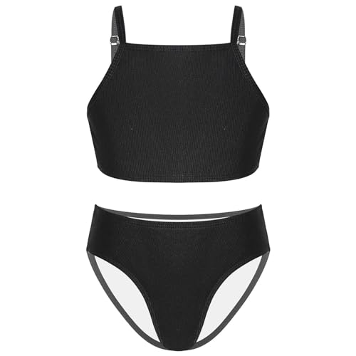 TTAO Bikini Mädchen Kinder Bikini Set Bdemode Zweiteiler Einfarbig Badeanzug Neckholder Tank Top+ Badeslip Sommer Swimsuit Gr. 110-176 Schwarz 146-152 von TTAO