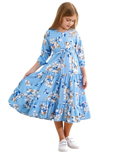 TTAO Mädchen Kleid Freizeit Langarm Blumendruck Sommerkleid A-Linie Partykleid Gestufter Rüschensaum Freizeitkleider Standkleider gr. 92-164 Blau 158-164 von TTAO