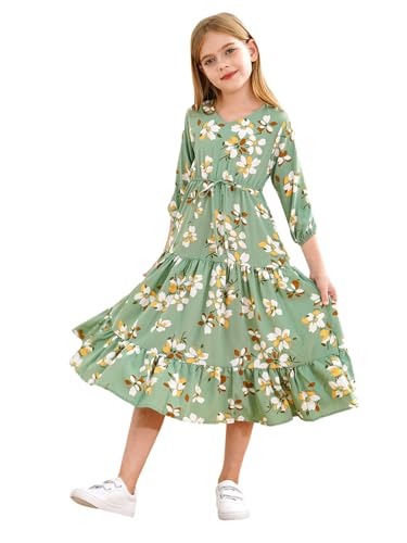 TTAO Mädchen Kleid Freizeit Langarm Blumendruck Sommerkleid A-Linie Partykleid Gestufter Rüschensaum Freizeitkleider Standkleider gr. 92-164 Grün 134-140 von TTAO