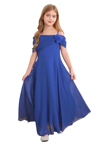 TTAO Mädchen Kleider Festlich Sommer langes Abendkleider Partykleid Eine Schulter Chiffon Festkleid Kommunions Hochzeit Brautjungfern Kleid Blau 170 von TTAO