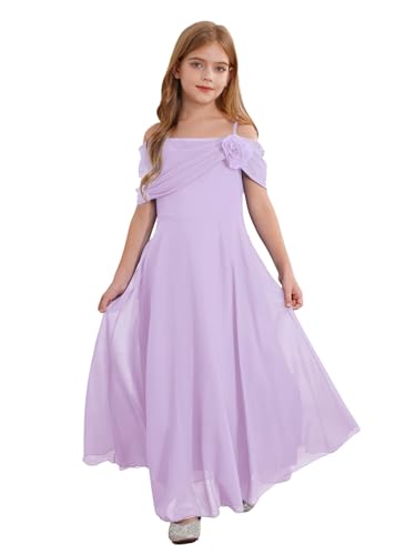 TTAO Mädchen Kleider Festlich Sommer langes Abendkleider Partykleid Eine Schulter Chiffon Festkleid Kommunions Hochzeit Brautjungfern Kleid Lavendel 134-140 von TTAO