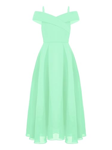 TTAO Mädchen Kleider Festlich Sommer langes Abendkleider Partykleid Schulterfreies Chiffon Festkleid Kommunions Hochzeit Brautjungfern Kleid Mintgrün 134-140 von TTAO