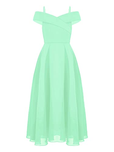 TTAO Mädchen Kleider Festlich Sommer langes Abendkleider Partykleid Schulterfreies Chiffon Festkleid Kommunions Hochzeit Brautjungfern Kleid Mintgrün 158-164 von TTAO