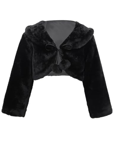 TTAO Mädchen Kunstpelz Bolero Jacke Shrug Langarm Prinzessin Cape Mantel Achselzucken für Weihnachten Geburtstag Party Weiß Schwarz 110-116 von TTAO
