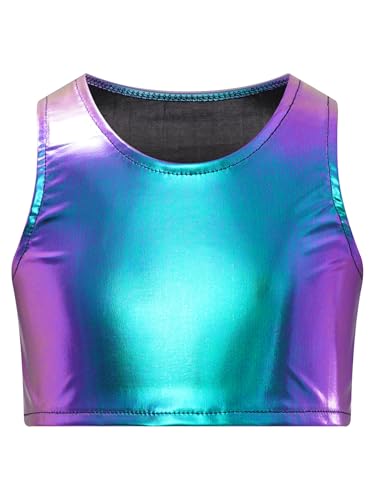 TTAO Mädchen Metallic ärmellos Ctop Top Glänzende Tanz Oberteiler Kinder Rundhals Gymnastik Gym Shirts Jazz Hip Hop Wettbewerb Weste Gr. 2-14 Jahre Blau 7-10 Jahre von TTAO