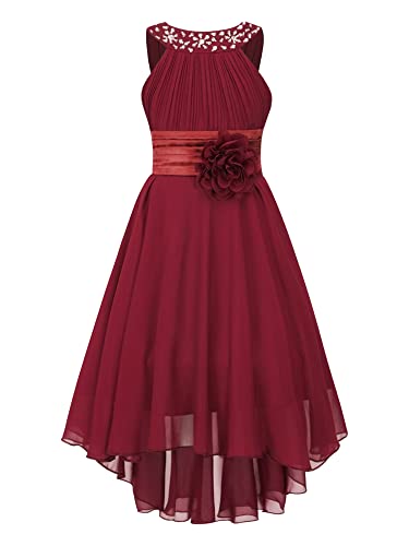 TTAO Mädchen Ärmellos Blumen Kleid Elegant Chiffon Brautjungfernkleid Vorne Kurz Hinten lang Knielang Geburtstag Partykleid Ballkleid Burgundy 128 von TTAO