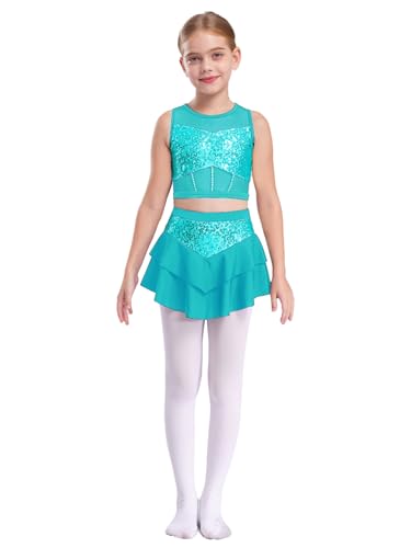 TTAO Mädchen Pailletten Tanz Outfit Crop Tank Top mit A-Linie Rock für Hip Hop Jazz Streetwear Tanz Performance Tanzostüm 5-16 Jahre Blau Grün 122-128 von TTAO