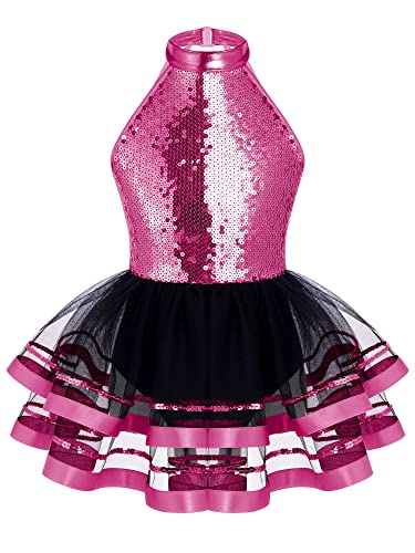 TTAO Mädchen Prinzesssin Ballettkleider mit Spaghettiträgern Pailletten Tanzkleider Tutu Rock Performance Bühne Show Outfits Tanzbekleidung Rosa- 140 von TTAO