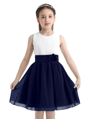 TTAO Mädchen Sommer Chiffon Kleid Festlich Blumenmädchen Brautjungfern Hochzeits Kleider mit Faltenrock Abendkleider Ballkleider Weiß&Navy Blau 140 von TTAO