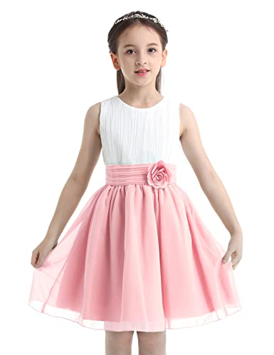 TTAO Mädchen Sommer Chiffon Kleid Festlich Blumenmädchen Brautjungfern Hochzeits Kleider mit Faltenrock Abendkleider Ballkleider Weiß&Pink 128 von TTAO