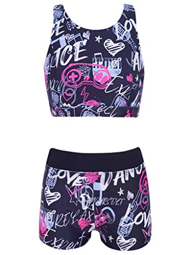 TTAO Mädchen Sport Crop Top und Kurze Hose mit Print Zweiteilige Bademode Sommer Badeanzug Fitness Tanz Gymnastik Turnen Outfits Schwarz Rose 146-152 von TTAO