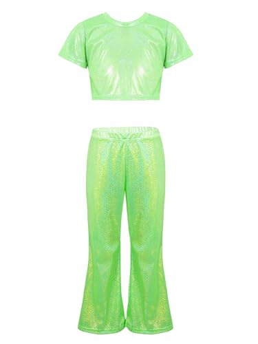 TTAO Kinder Glitzer Trainingsanzug Pailletten Mädchen Jungen Hip Hop Kleidung Metallic Crop Top Hose Set Performance Tanz Outfit Fluoreszierendes Grün 122-128 von TTAO