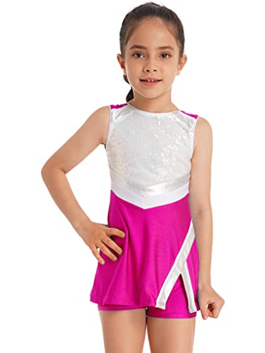TTAO Mädchen Tenniskleid Kinder Ärmellos Pailletten Glitzer Team Tennis Outfit Golfkleid Mit Shorts Sportbekleidung Fitness Freizeitkleid Casual Rose 146-152 von TTAO