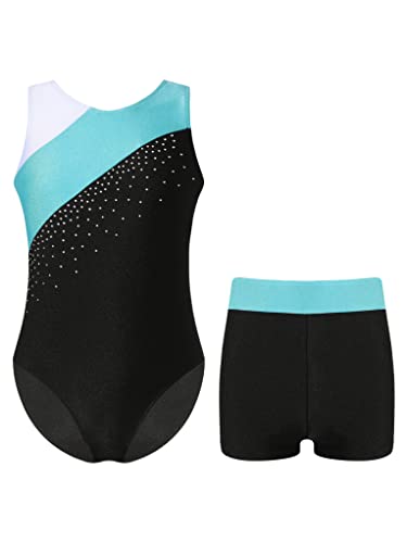 TTAO Mädchen Turnanzug Metallic Gymnastikanzug Ballett Trikot Ärmellos Kinder Gymnastikbody mit Shorts Wettkampf Tanzkleidung Blau Grün D 122-128 von TTAO