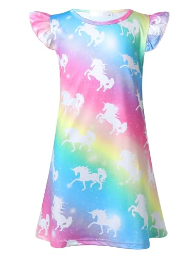 TTAO Nachtkleid Mädchen Baby Schlafanzug Regenbogen Druck Rundhals Nachthemd Ärmellos Prinzessin Baumwolle Pyjamas Gr.104-134 Bunt 116-122 von TTAO