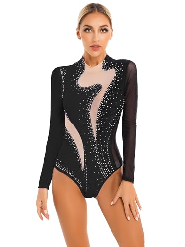 TTAO Tanzanzug für Damen Ballett Body Kurzarm/Langarm Gymnastikanzug Mesh Tanztrikot Tanzbody Balletttrikot Tanzkleidung Schwarz G S von TTAO